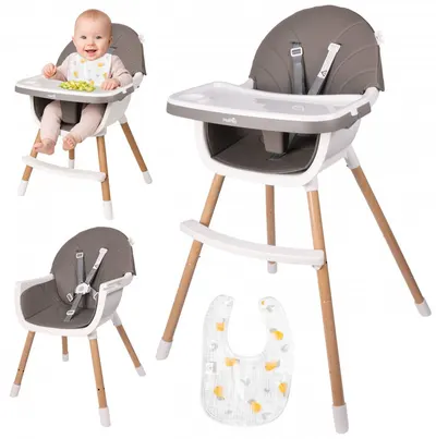 Scaun de masa pentru copii Malplay Grey, reglabil, multifunctional 3 in 1, cu centuri de siguranta, tavita detasabila si reglabila