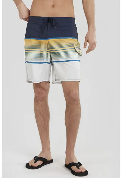 Pantaloni scurti de baie cu model in dungi Salimu - Alb/Bleumarin