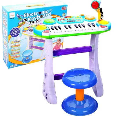 Pian interactiv electric cu microfon si scaun, emite sunete si lumini, doua difuzoare, plastic, multicolor