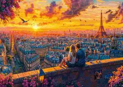 Puzzle 1000 piese - Soapte pe acoperisurile Parisului