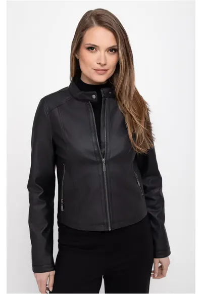 Jacheta dama - piele ecologica - fermoar - guler ridicat cu clapa - J-Fittya - Negru - Negru