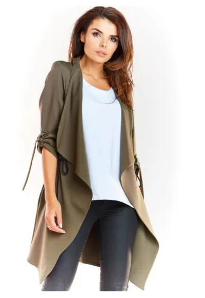 Sacou Elegant Lejera De Dama - Marimea S/M - Kaki - Design In Stil Redingota Fara Inchidere - Material Premium - Maneci Lungi Cu Aplicatii Metalice Decorative - Talie Reglabila Cu Snur - Clape Mari In Fata - Croiala Confortabila - Lux Nou