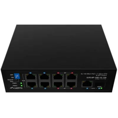 Switch Lanberg ILFE-8P-1GE-1S-120, 1x 1000BASE-T, 1x 1000BASE-X SFP, 4x 100BASE-T 802.3af/802.3at PoE+, 4x 100BASE-T 802.3bt PoE