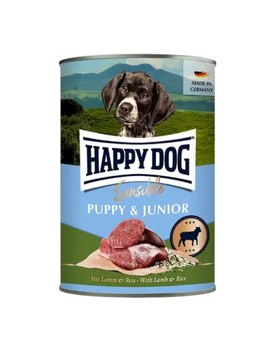 HAPPY DOG Sensible Puppy Junior Hrană umedă pentru pui și câini tineri cu miel și orez 400 g.