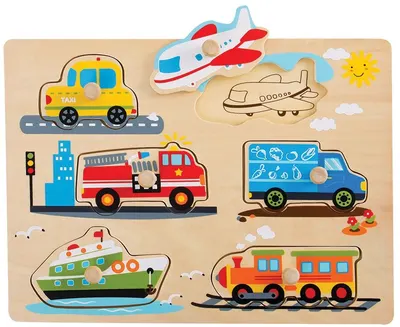 Puzzle din lemn cu mâner Tooky Toy - Vehicule de transport