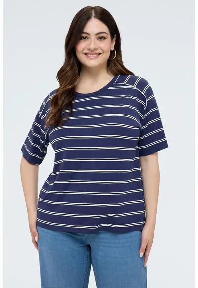Tricou cu model in dungi si maneci raglan - Alb/Bleumarin