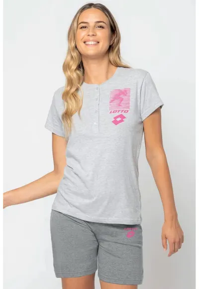 Pijama scurta cu imprimeu logo si fenta cu nasturi - Gri