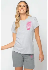 Pijama scurta cu imprimeu logo si fenta cu nasturi - Gri