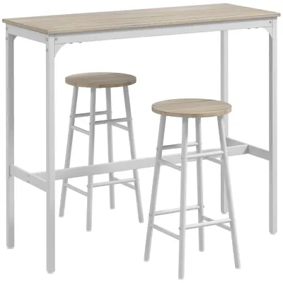 HOMCOM Set masă înaltă de bar + 2 scaune cu structură din oțel și blat cu aspect de lemn natural, pentru 2 persoane, alb | Aosom Romania