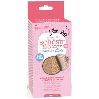 Hrana umeda pisici, Schesir Baby Mouse si Filet Cat Pui si Somon, 3x55 g