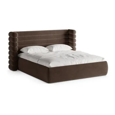 Pat matrimonial maro tapițat cu spațiu de depozitare cu somieră 200x200 cm Mount – Micadoni