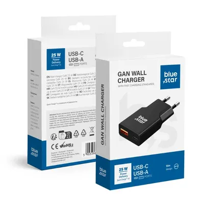 Incarcator Priza Blue Star TFK-SC-25WAC, Putere 25W, Port Type-C si USB-A, Slim, Negru Engros
