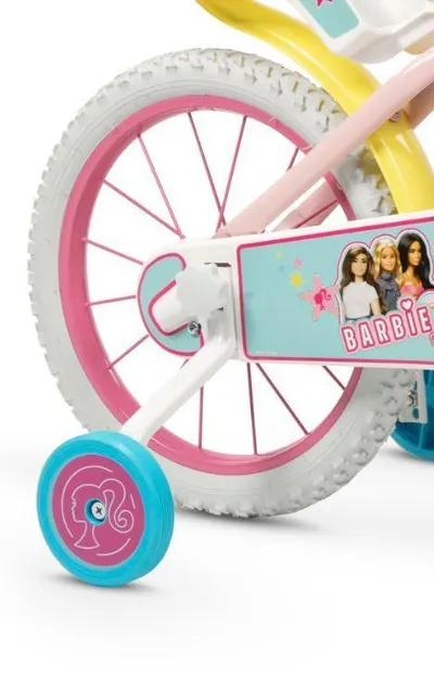 Bicicleta pentru copii Toimsa Barbie 16 inch cu roti ajutatoare, cos frontal si scaun pentru papusi