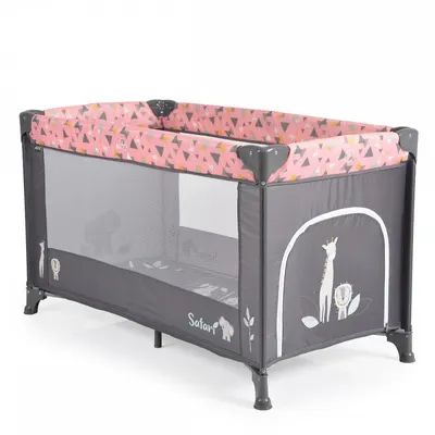 Patut pliabil pentru copii Moni Safari Pink 125x62x75 cm cu un nivel,Deschidere laterala cu fermoar,Saltea pliabila si geanta transport incluse,de la 0 luni pana la 15 kg