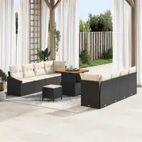 Set de canapele de gradina cu 11 piese cu perne negru ratan poly acacia, sofa de gradina cu 2 locuri cu perne negru ratan poly, set de dining pentru gradina cu 3 piese cu perne negru ratan poly acacia