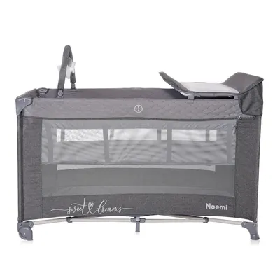 Patut pliabil Noemi Plus Cool Grey Star cu 2 nivele, usa laterala cu fermoar, roti cu sistem de blocare, accesorii incluse