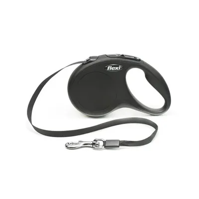 Lesa retractabila, neagra, lungime 5 m, pentru caini cu greutate de pana la 15 kg, cu sistem rapid de franare