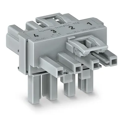 T-distribution connector; 4-pole; Cod. B; 1 input; 2 outputs; 2 locking levers; gray