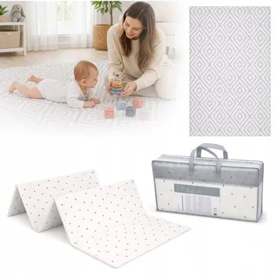 Covoras de joaca, Primabobo, Cu doua fete, Pliabil, Protectie impotriva loviturilor, 120x180 cm, 0 luni+, Inimioare, Bej/Gri