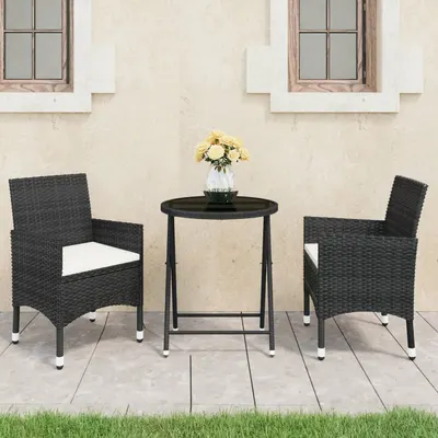 vidaXL Set mobilier bistro grădină 3 piese, negru, poliratan și sticlă