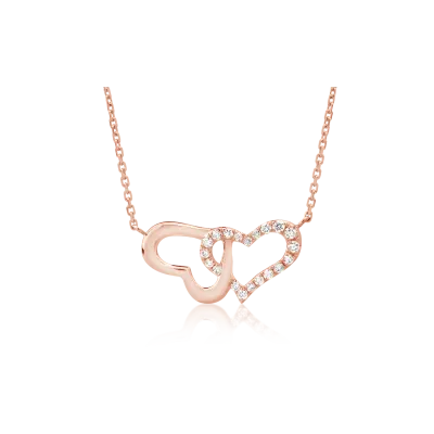 Lant cu pandantiv inimioare din aur roz cu diamante de 0.052ct