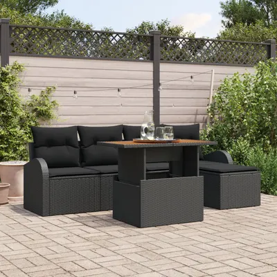 Set de 6 piese de sofa de gradina cu perna neagra din ratan poly, sofa de gradina pentru 2 persoane cu spatiu de depozitare & perne neagra din ratan poly