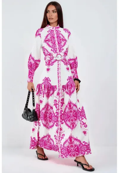 Rochie maxi - cu maneca lunga - poliester/lycra - alb/roz