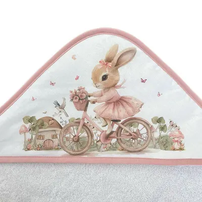 Prosop cu glugă Bambino Casa - Bianco Rose Rabbit Bicycle, 100 х 100 cm