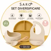 Set diversificare bebelusi Saro Mustar-Bej farfurie din silicon, bol cu ventuza, baveta, lingurita ergonomica si cana pentru antrenament