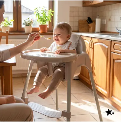 Scaun de masa pentru bebelusi Malplay Keri Sand, 2 in 1, prevazut cu tavita dubla detasabila, centuri de siguranta, suport reglabil pentru picioare