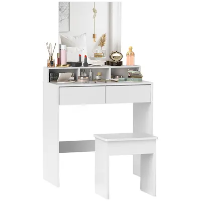 HOMCOM Masă de Toaletă cu Taburet, Masă de Machiaj cu Oglindă, 3 Rafturi, 2 Sertare, din Lemn, 75x38x135 cm, Alb | Aosom Romania