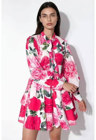 Rochie mini tip camasa - floral - multicolor - poplin - maneci lungi