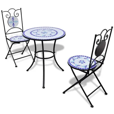 vidaXL Set mobilier bistro, 3 piese, albastru/alb, plăci ceramice