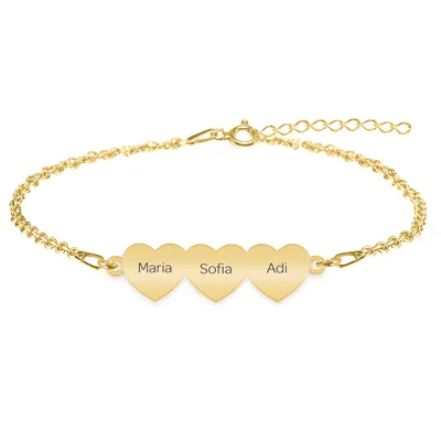 Cesur - Bratara personalizata trei inimi din argint 925 placat cu aur galben 24K