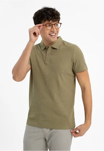 Tricou polo barbati din bumbac - uni - Regular Fit - O-Damson - verde masliniu - Verde masliniu