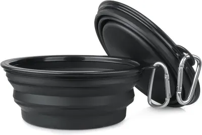 Boluri pliabile de apa si mancare Engros, pentru animale, hranire si hidratare pentru caini si pisici, portabile, perfecte pentru calatorii, plimbari, carabiniere incluse, din silicon, Negre, Set, Fish & Paws ®