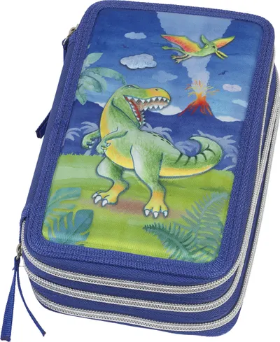 Penar cu accesorii Faber-Castell - Dinozaur, cu 3 fermoare