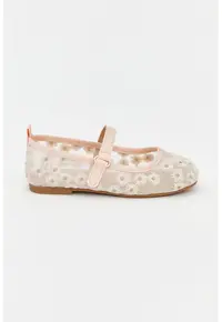 Balerini Mary Jane cu broderie - Alb fildes/Piersica