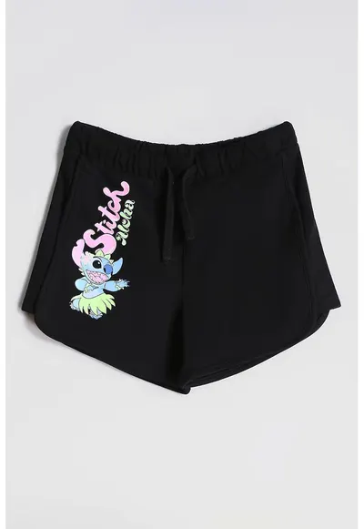 Pantaloni scurti cu imprimeu si talie ajustabila Stitch - Negru