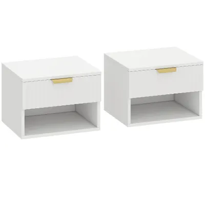 HOMCOM Set de 2 Noptiere Suspendate cu Panouri Canelate, Sertar și Raft, 40x34x29 cm, Alb | Aosom Romania
