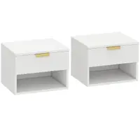 HOMCOM Set de 2 Noptiere Suspendate cu Panouri Canelate, Sertar și Raft, 40x34x29 cm, Alb | Aosom Romania
