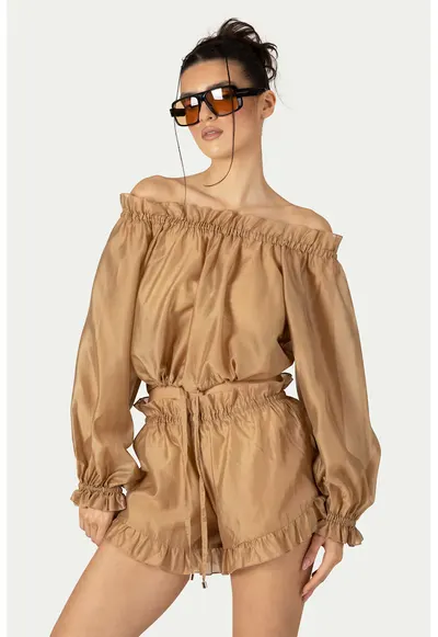 Set de bluza vapooasa de plaja si pantaloni scurti - 2 piese - Maro camel
