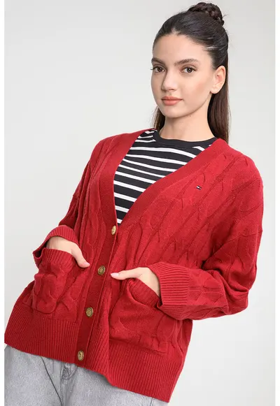 Cardigan din lana cu design torsade - Caramiziu