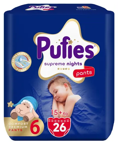 Scutece Pufies Supreme Nights - Pachet Value, mărimea 6 Extra Large, 15+ kg, 26 bucăți