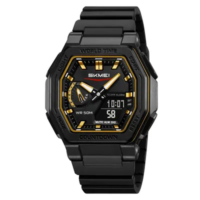 Ceas bărbătesc sport SKMEI 2438 negru cu accente aurii, digital analog, waterproof 50M, cronometru și alarmă