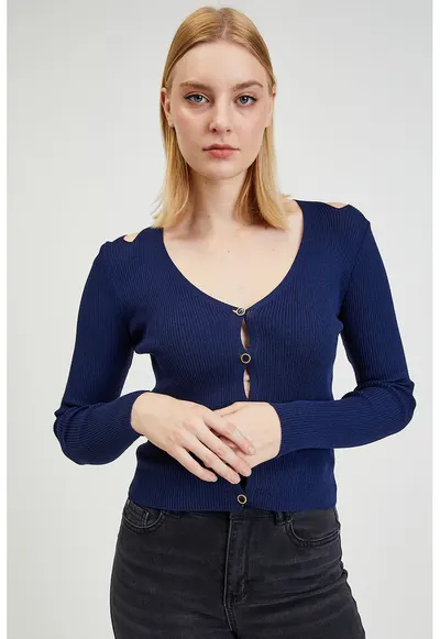 Cardigan slim fit cu decolteu in V si decupaje decorative - Bleumarin