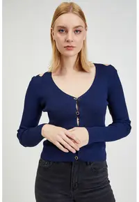 Cardigan slim fit cu decolteu in V si decupaje decorative - Bleumarin