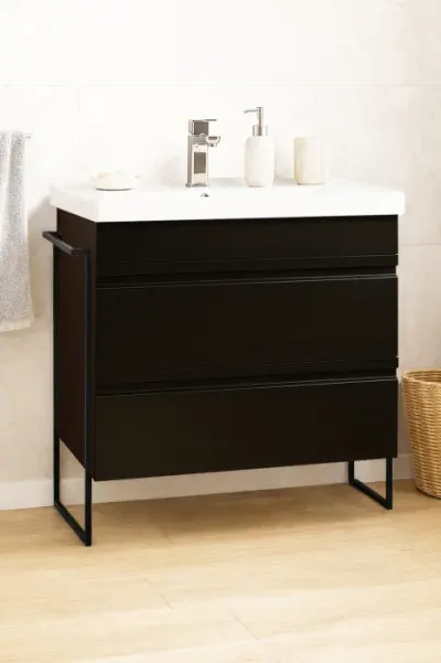 Set Baza front MDF si Lavoar seria 786, cadru metalic, cu sertare, montata, 80 cm, negru