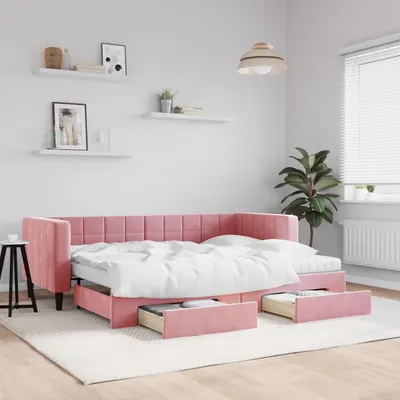 Gossi pat de zi cu extensie si sertare, roz, 80x200 cm, catifea