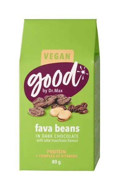 Good by Dr. Max® Fasole Fava in ciocolata neagra cu aroma de Latte Macchiato, 80g